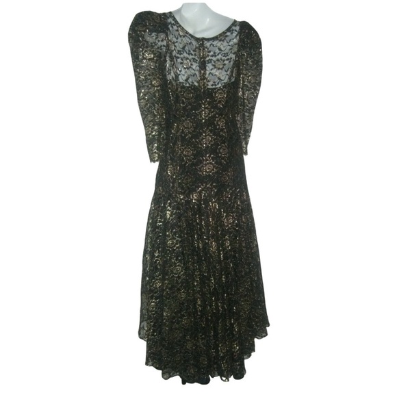 Vintage 80s Nem's Dress Gothic Black & Gold Metallic Lace Wedding Goth ALT egirl - Picture 7 of 12